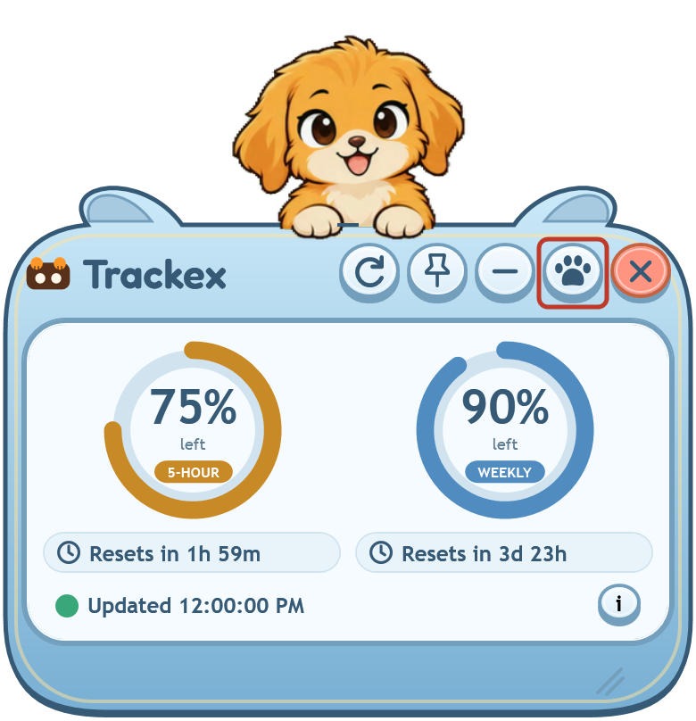 Golden retriever Trackex widget with its paw options button highlighted