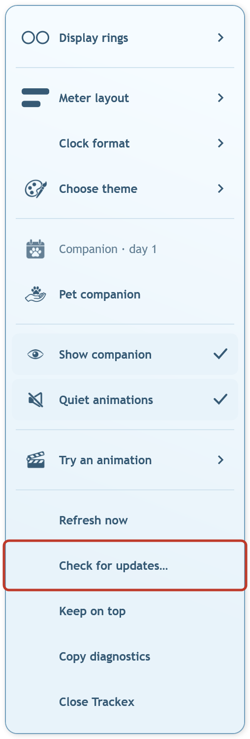 Trackex options menu with Check for updates highlighted