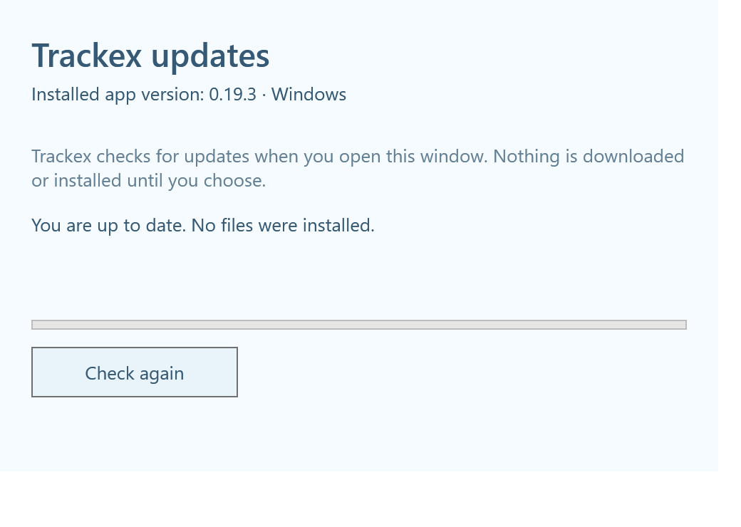 The Trackex update window showing an example up-to-date result